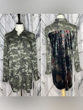 Tribal Velvet & Camouflage Shirt High Low Tunic Small